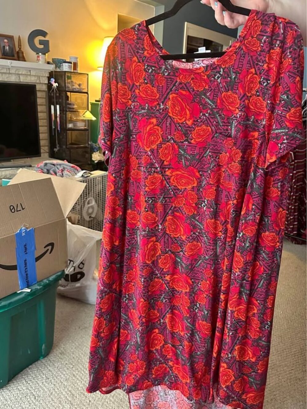 LuLaRoe Carly Dress 2XL Red Orange Rose Floral Geometric Print
